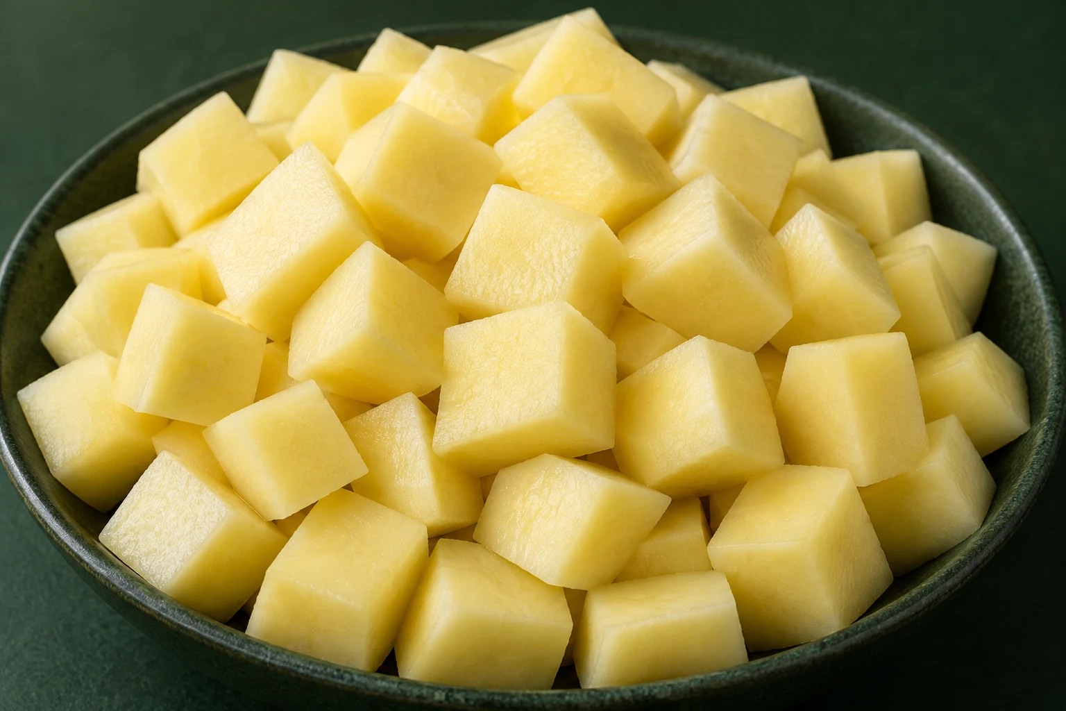 Composição ilustrativa de batata crua, descascada e cortada em cubos