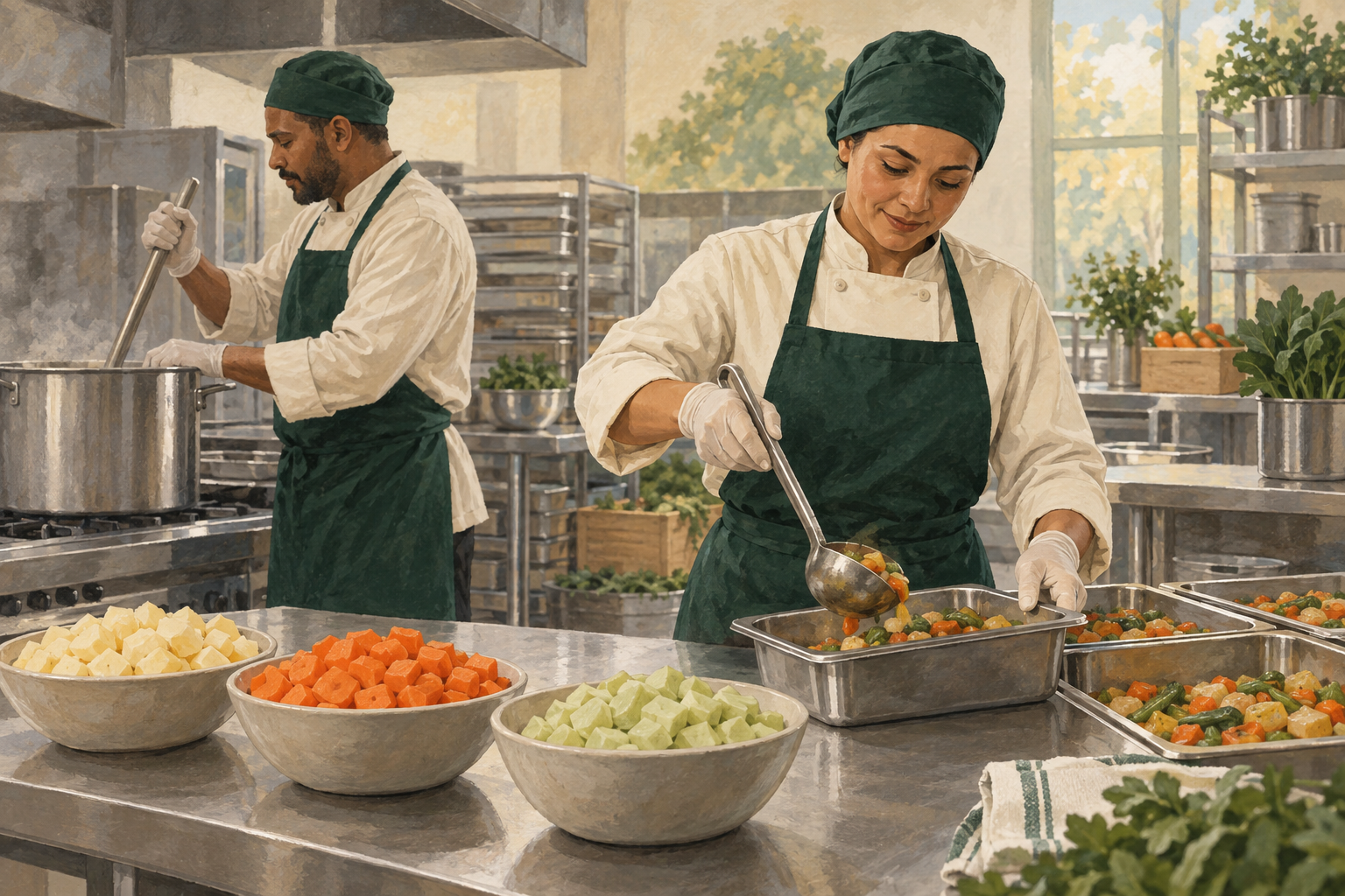 Ilustração de dois profissionais preparando e porcionando refeições em uma cozinha organizada, com legumes cortados na bancada