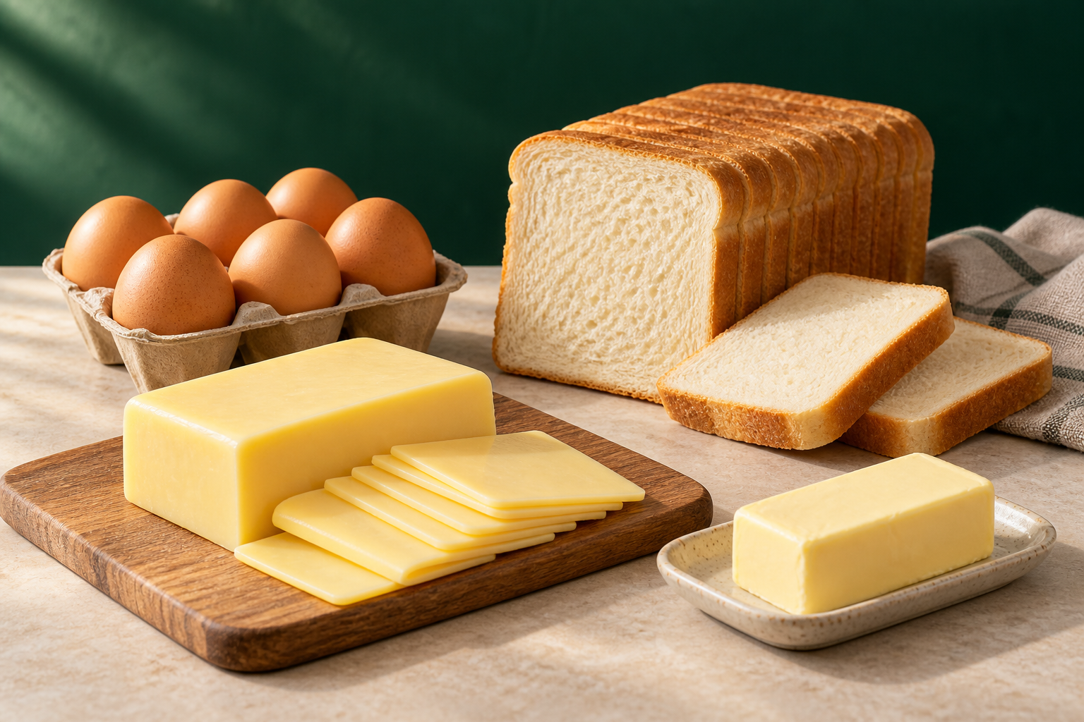 Imagem ilustrativa de ovos, pão de forma, muçarela em bloco e fatias e manteiga