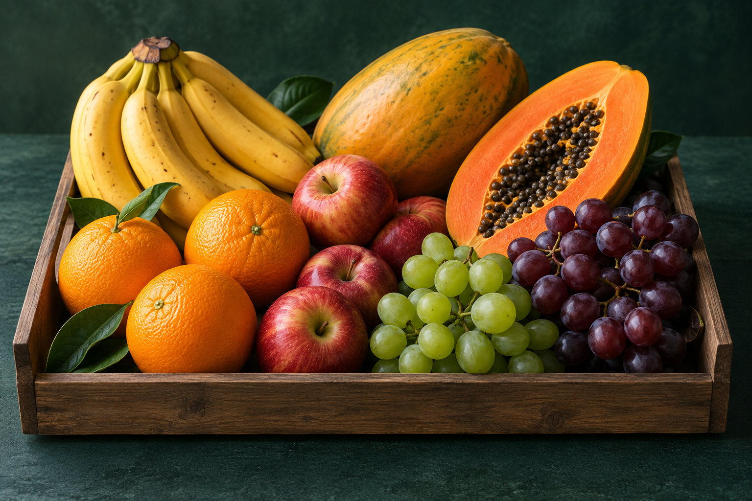 Imagem ilustrativa de frutas frescas: bananas, laranjas, maçãs, mamão e uvas